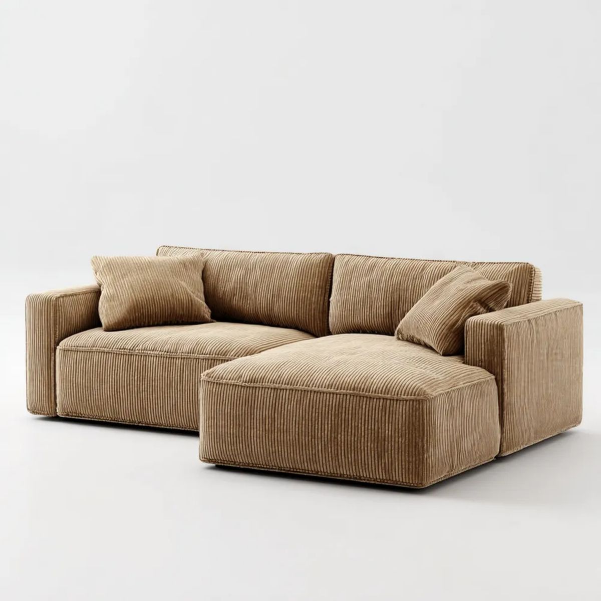 Beżowa sofa narożna sztruksowa z prawostronnym szezlongiem 260 x 160 x 85 cm