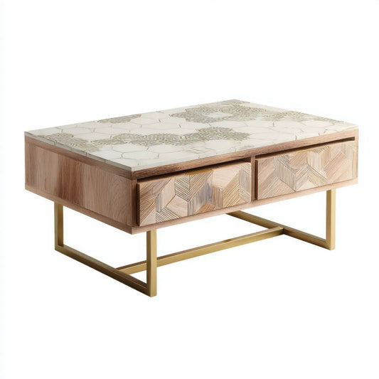 Prostokątny stolik kawowy z 2 szufladami, lite drewno, płytki ceramiczne i metal, beżowy/jasny brąz/złoty, 110 × 60 × 45 cm