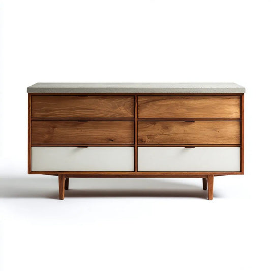 Drewniana komoda z 6 szufladami, orzechowo-biała z betonowym blatem, 160 × 45 × 85 cm