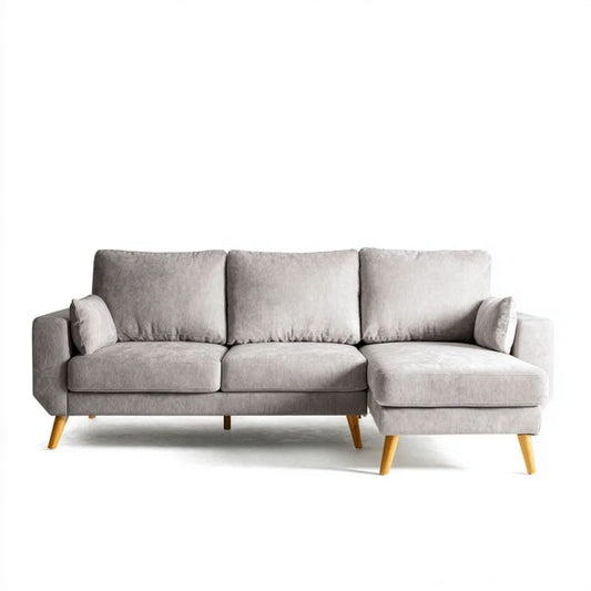 Szara sofa narożna z prawostronnym szezlongiem i tapicerką poliestrową 230 × 150 × 85 cm
