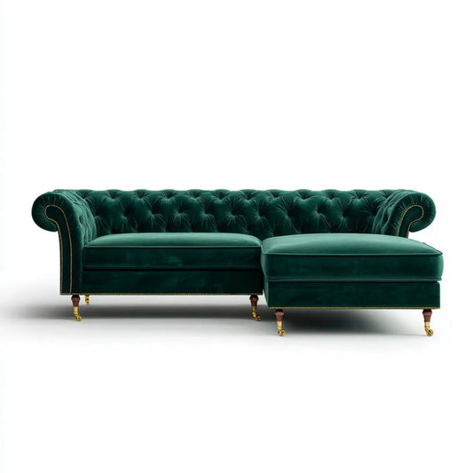 Prawostronna sofa narożna Chesterfield w kształcie litery L z szezlongiem, zielona, aksamitowa, 260 x 165 x 78 cm