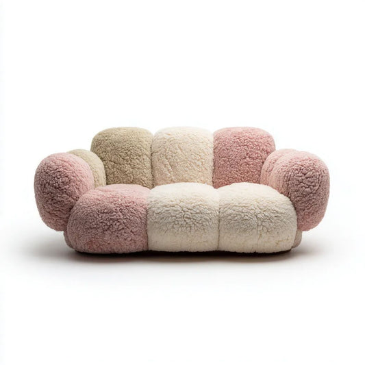 Dwuosobowa sofa beżowo-kremowo-pudroworóżowa z tkaniny bouclé, 160 × 85 × 75 cm, zaokrąglona