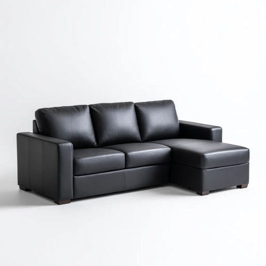 Czarna sofa narożna z prawym szezlongiem, tapicerka z PU, 230 × 150 × 85 cm