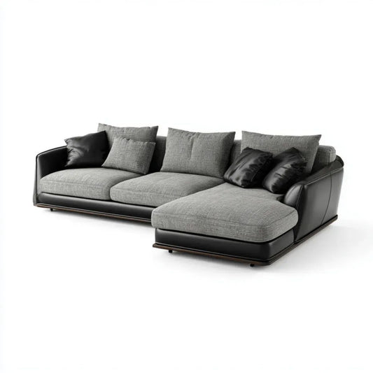 Prawostronna sofa narożna szaro-czarna z tapicerką poliestrową i PU, 290 × 180 × 85 cm