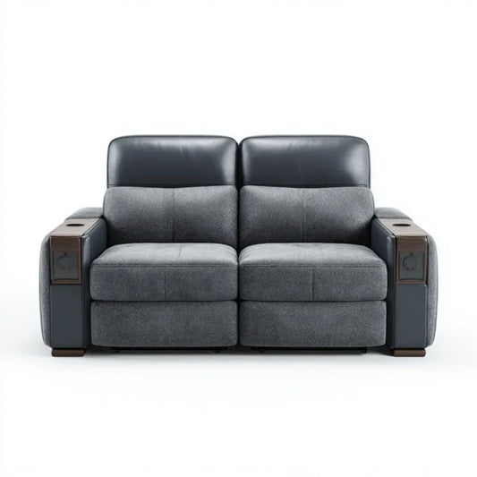 Dwuosobowa sofa z funkcją relaksu z poliestru i skóry PU, szaro-czarno-ciemnobrązowa, 180 × 95 × 103 cm