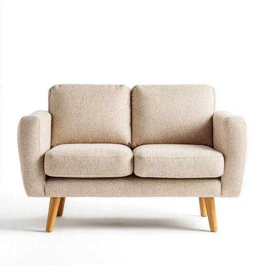 Beżowa sofa dwuosobowa z tapicerką poliestrową i drewnianymi nogami, 140 x 80 x 85 cm