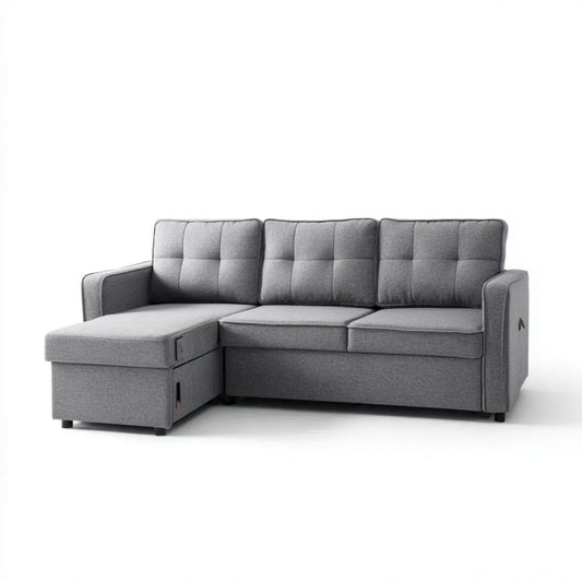 Szara sofa narożna rozkładana z lewostronną leżanką, poliester, 230 x 145 x 85 cm, kształt L