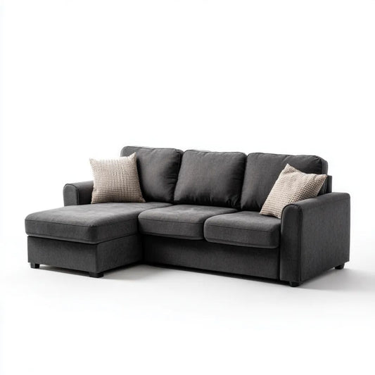 Ciemnoszara sofa narożna z lewostronnym szezlongiem w kształcie L, tapicerowana tkaniną, 200 x 140 x 85 cm