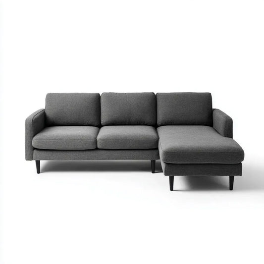 Sofa narożna z prawym szezlongiem z tkaniny, szara z czarnymi nogami, 230 × 150 × 85 cm