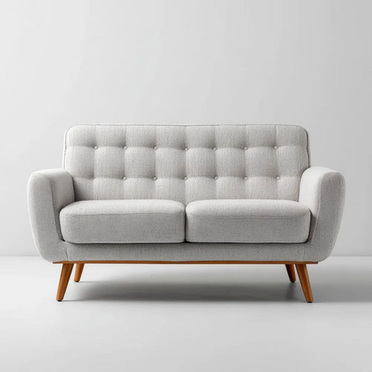 Dwuosobowa sofa jasnoszara z tapicerką poliestrową i drewnianymi nogami, 140 × 82 × 85 cm