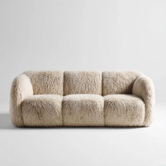 Trzyosobowa sofa kremowa z futrem syntetycznym poliestrowym, 220 x 95 x 75 cm
