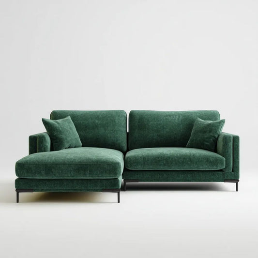 Ciemnozielona sofa narożna z lewym szezlongiem z aksamitu, 270 x 160 x 85 cm