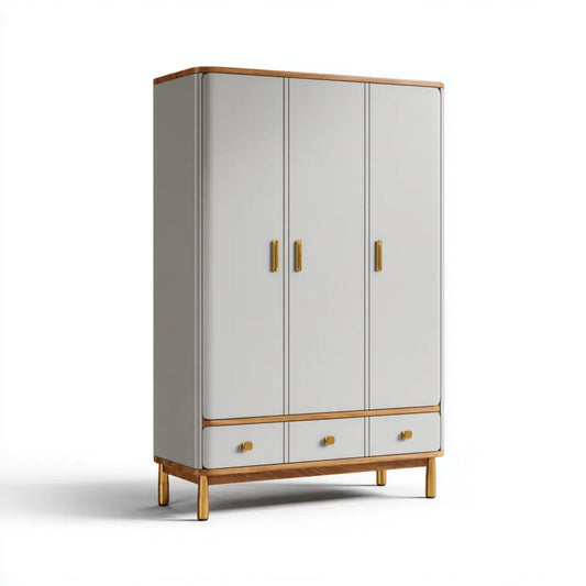Trzydrzwiowa szafa MDF z 3 szufladami, szara/orzechowa/złota, 120 × 55 × 190 cm